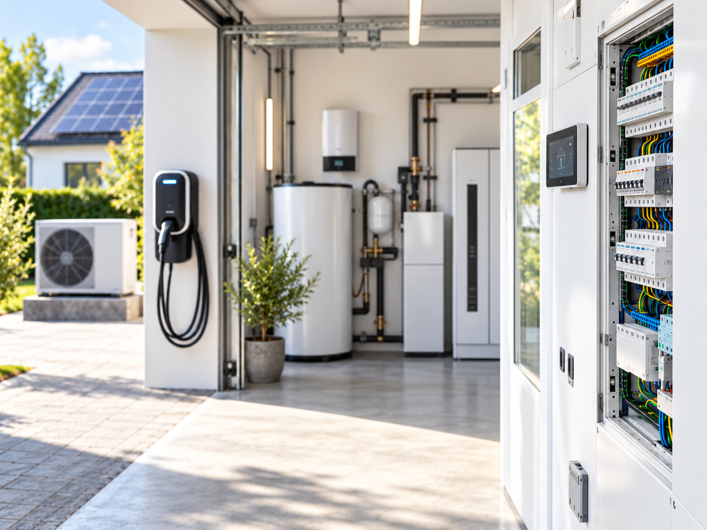 Moderne Elektrotechnik mit Wärmepumpe, Wallbox und Elektroverteilung